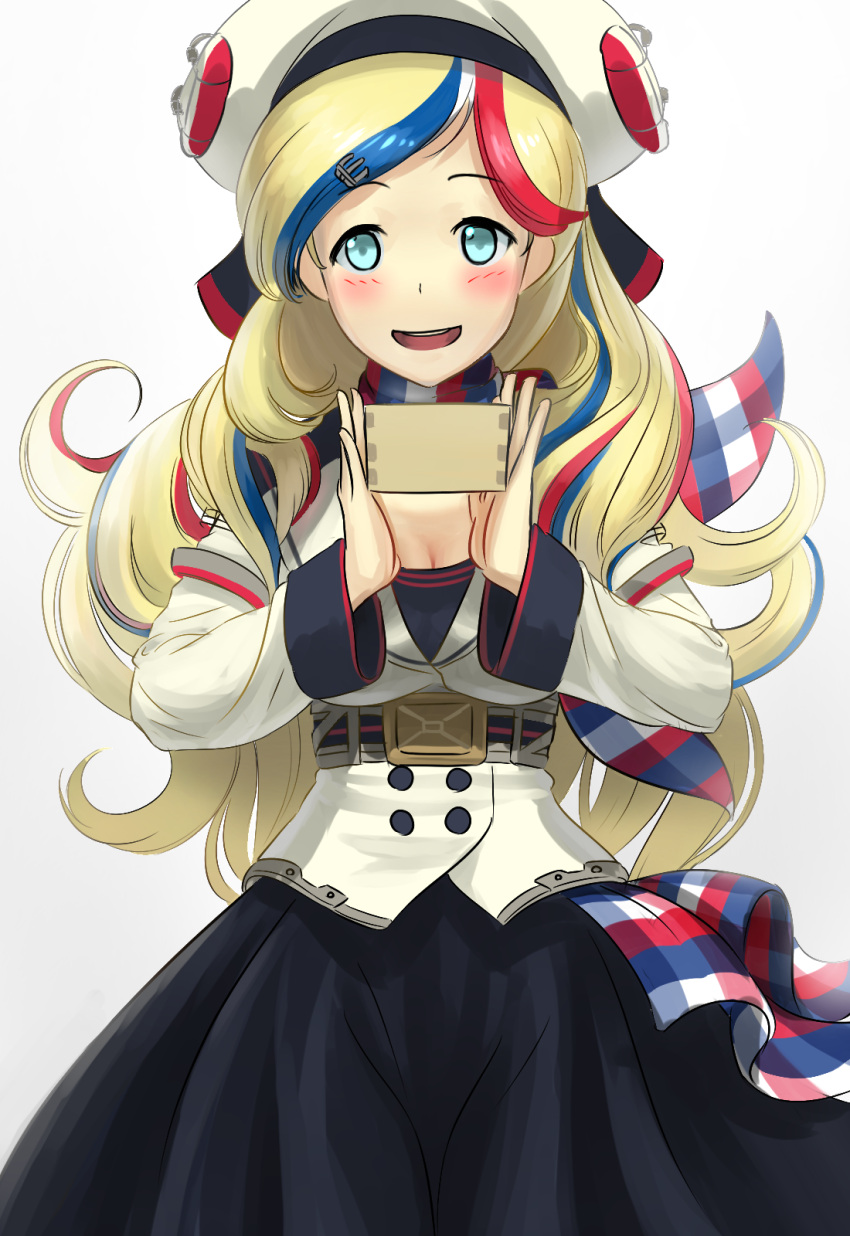 1girl ao_iro belt belt_buckle beret black_skirt blonde_hair blue_eyes blue_hair box buckle commandant_teste_(kantai_collection) double-breasted facing_viewer hat highres kantai_collection long_hair long_skirt multicolored multicolored_clothes multicolored_hair multicolored_scarf open_mouth pom_pom_(clothes) redhead scarf setsubun skirt streaked_hair white_hair