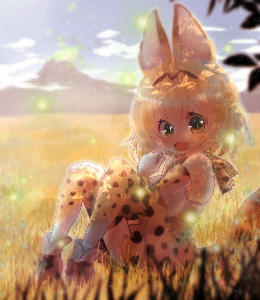 1girl animal_ears animal_print bare_shoulders blonde_hair blue_sky brown_eyes cat_ears cat_tail clouds elbow_gloves gloves highres kemono_friends looking_at_viewer mountain nature open_mouth outdoors savannah serval_(kemono_friends) serval_ears serval_print serval_tail shimotsukishin shirt short_hair sitting skirt sky sleeveless sleeveless_shirt solo tail thigh-highs white_shirt zettai_ryouiki