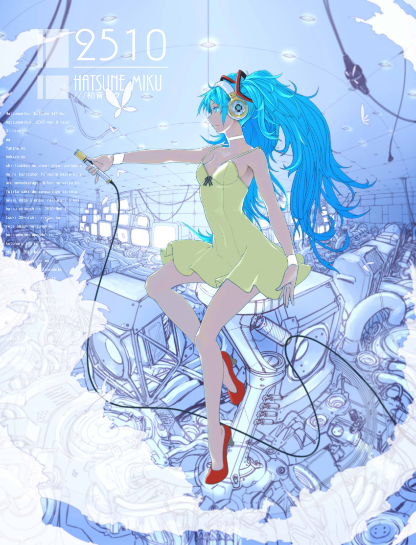 1girl arm_at_side bangs bare_shoulders blue_eyes blue_hair breasts choker closed_mouth collarbone covered_navel dress from_side full_body hair_ornament hand_up hatsune_miku headphones high_heels highres holding holding_microphone jian_jiao_doufu_rou_mantou long_hair microphone pinky_out profile red_shoes shoes short_dress sleeveless sleeveless_dress small_breasts smile solo spaghetti_strap standing standing_on_one_leg twintails vocaloid white_choker wristband yellow_dress