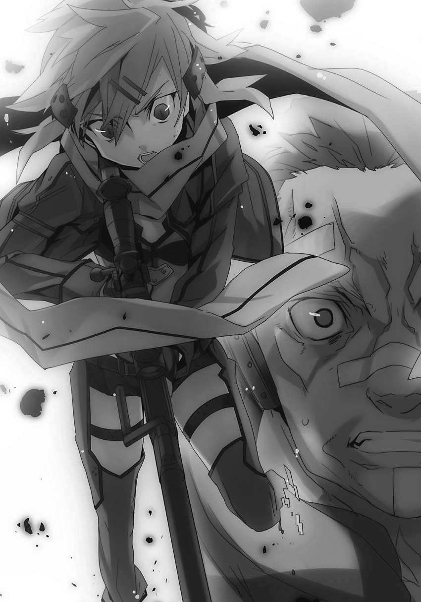 1boy 1girl abec behemoth_(sao) black_shorts character_request clenched_teeth gun hair_ornament hairclip highres holding holding_gun holding_weapon jacket monochrome novel_illustration official_art open_clothes open_jacket open_mouth riffle scarf shinon_(sao) short_hair_with_long_locks short_shorts shorts sidelocks sword_art_online teeth thigh_strap weapon