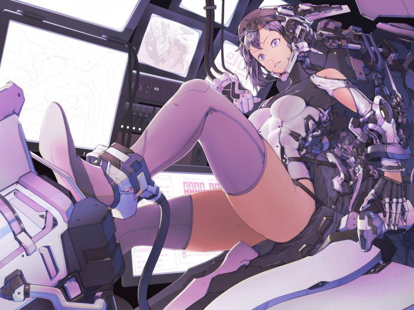 1girl ass bangs bare_shoulders bodysuit boots breasts breasts_apart brown_gloves cable chair cockpit collarbone full_body gloves groin jian_jiao_doufu_rou_mantou leg_up long_sleeves medium_breasts monitor nose original parted_lips purple_boots purple_hair purple_legwear shoulder_cutout sitting skin_tight skindentation solo strap teeth thigh-highs thigh_boots violet_eyes visor