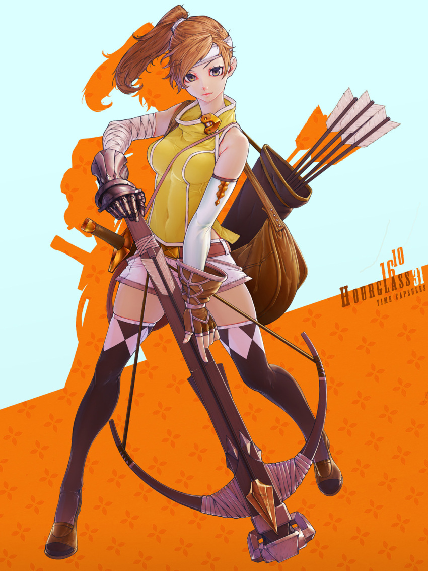 1girl arm_wrap arrow bag bare_shoulders belt belt_buckle between_breasts bow_(weapon) breasts brown_gloves brown_hair brown_legwear brown_shoes buckle closed_mouth crossbow erect_nipples fingerless_gloves full_body gauntlets gloves hair_ornament hair_tie headband high_ponytail highres holding holding_bow_(weapon) holding_weapon jian_jiao_doufu_rou_mantou legs_apart lips looking_at_viewer medium_breasts original pink_lips ponytail quiver shirt shoes short_hair short_shorts shorts shoulder_bag single_glove skin_tight sleeveless sleeveless_shirt solo standing thigh-highs turtleneck weapon white_gloves white_shorts yellow_shirt