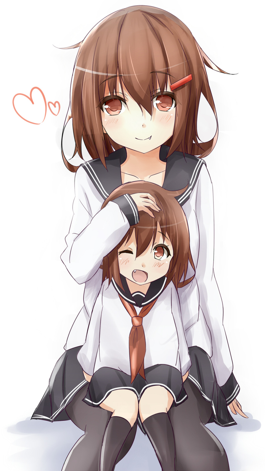 2girls ;d absurdres black_legwear blush brown_eyes brown_hair commentary fang hair_ornament hairclip hand_on_another's_head heart highres if_they_mated ikazuchi_(kantai_collection) kantai_collection looking_at_viewer mother_and_daughter multiple_girls neckerchief older one_eye_closed open_mouth pantyhose petting pleated_skirt revision saku_(kudrove) school_uniform serafuku short_hair simple_background sitting sitting_on_lap sitting_on_person skirt smile white_background younger