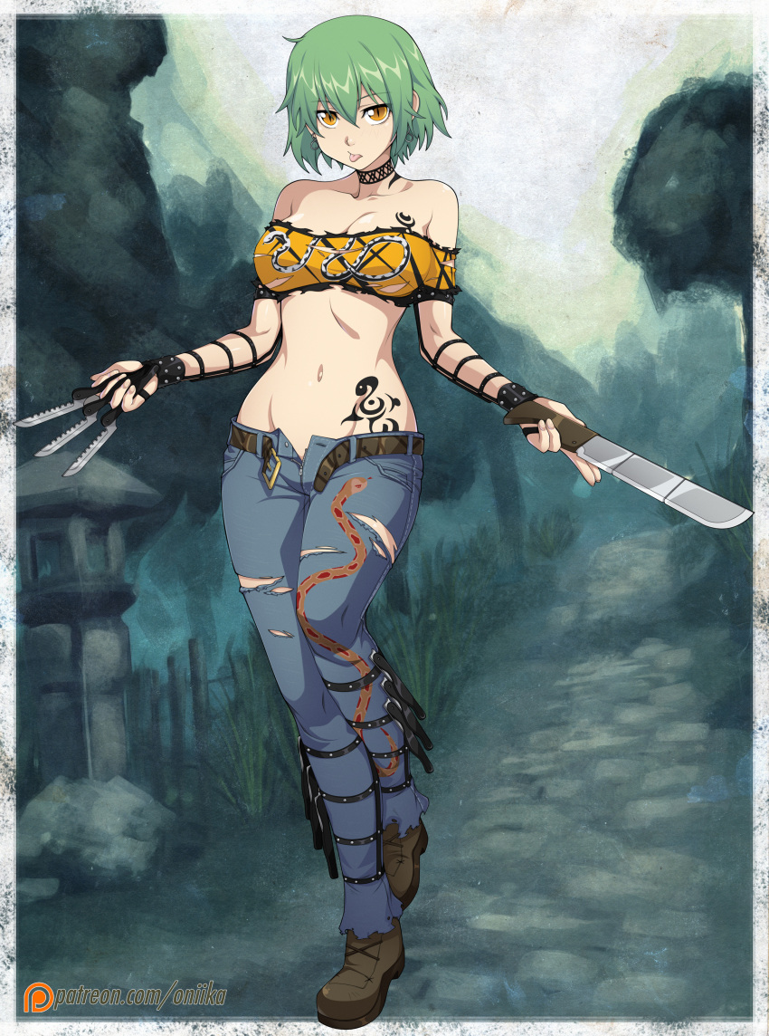 1girl :p absurdres bare_shoulders belt between_fingers bracelet breasts choker cleavage denim full_body green_hair highres hikage_(senran_kagura) jeans jewelry knife large_breasts machete midriff navel open_belt open_fly pants senran_kagura senran_kagura_(series) short_hair slit_pupils solo spike_wible strapless tattoo throwing_knife tongue tongue_out torn_clothes torn_jeans tubetop vambraces weapon yellow_eyes