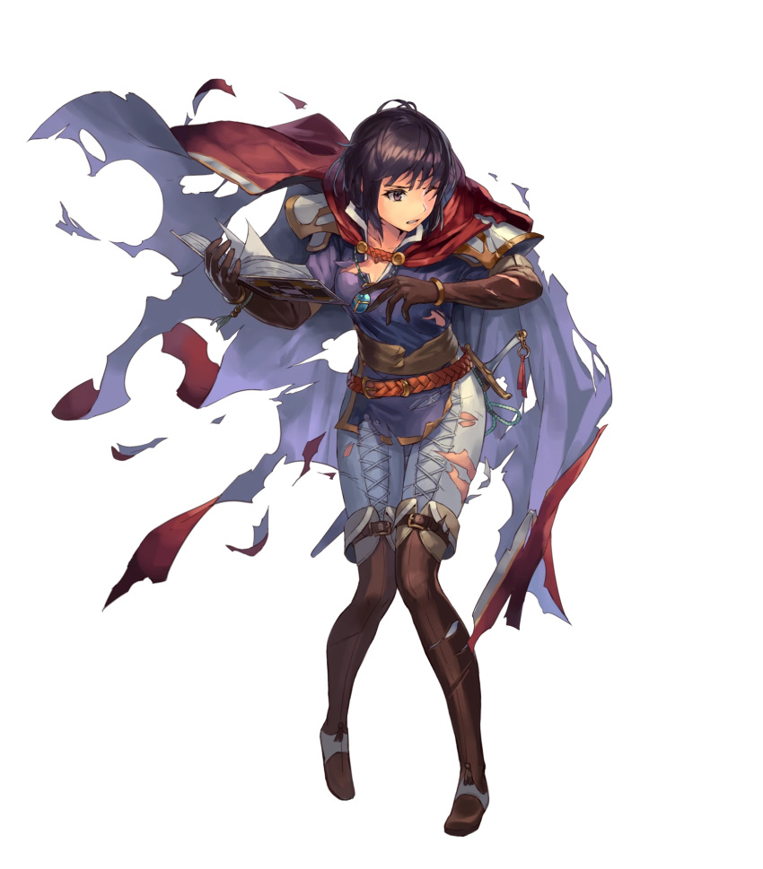 1girl belt book brown_hair cape elbow_gloves fire_emblem fire_emblem:_thracia_776 fire_emblem_heroes full_body gloves highres holding holding_book official_art olwen_(fire_emblem) one_eye_closed pant short_hair solo sword thigh-highs torn_clothes transparent_background violet_eyes weapon