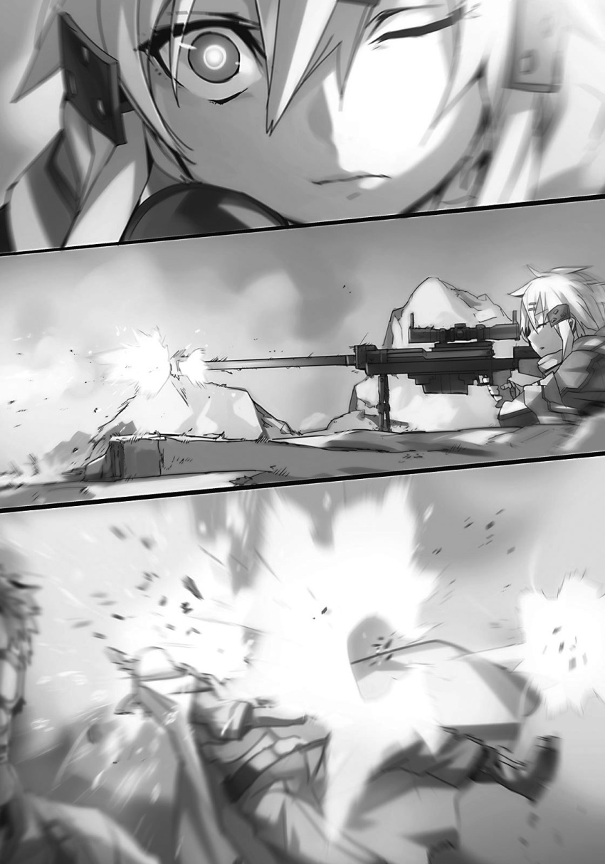 1boy 1girl abec anti-materiel_rifle firing gun hair_between_eyes hair_ornament hairclip highres looking_at_viewer lying monochrome novel_illustration official_art on_stomach one_eye_closed pgm_hecate_ii rifle shinon_(sao) sniper_rifle sword_art_online weapon