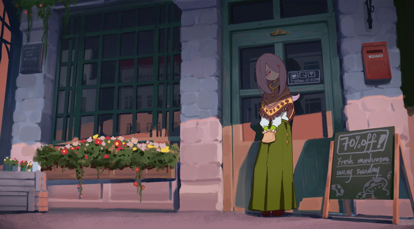 1girl bag building capelet chalkboard_sign dress hair_ornament hair_over_one_eye hairclip highres khan_(celloo) little_witch_academia long_hair mailbox outdoors paper_bag plant potted_plant purple_hair purple_skin red_eyes shop sign skirt solo storefront sucy_manbavaran