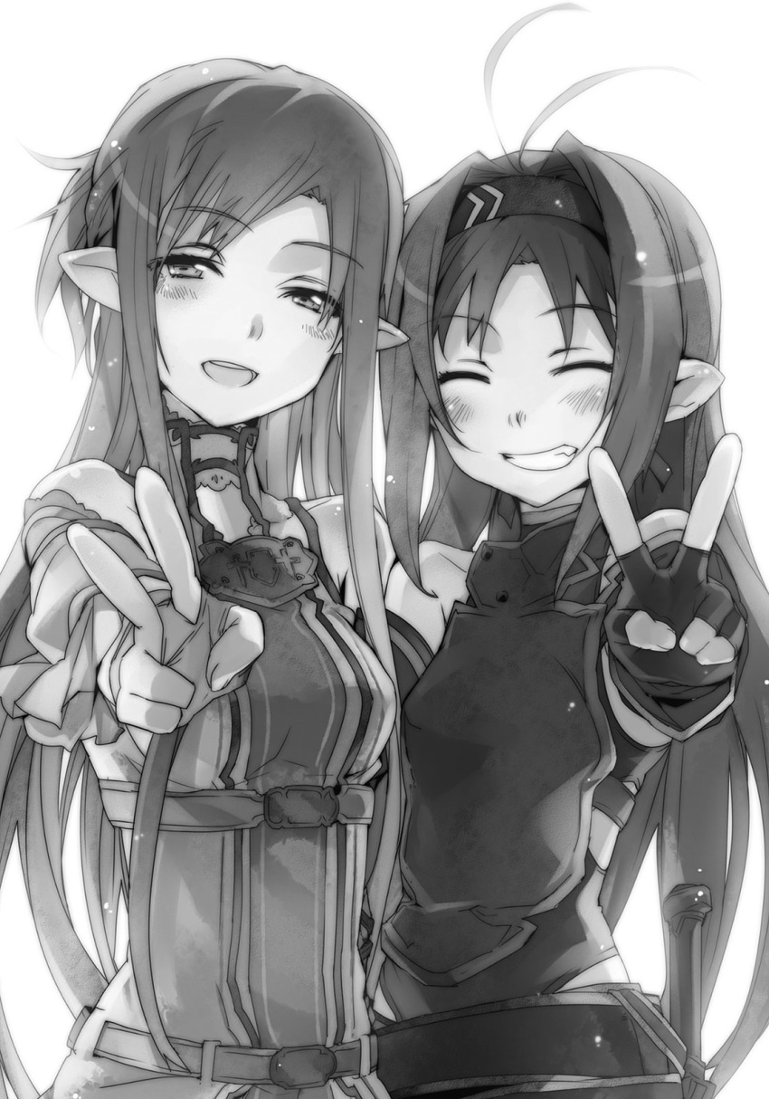 2girls :d abec antenna_hair asuna_(sao-alo) breastplate breasts closed_eyes collarbone detached_sleeves dress eyebrows_visible_through_hair fingerless_gloves gloves grin head_tilt headband highres long_hair looking_at_viewer medium_breasts monochrome multiple_girls novel_illustration official_art open_mouth pointy_ears simple_background smile sword_art_online upper_body v very_long_hair white_background yuuki_(sao)
