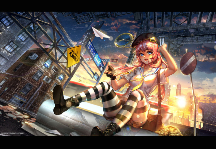 1girl backlighting bag beret blue_eyes breasts cat dutch_angle from_below full_body gloves hat letterboxed lips medium_breasts original paper_airplane pink_hair road_sign sailor_collar sangrde satchel short_shorts shorts sign single_glove sitting solo striped striped_legwear sunset thigh-highs zettai_ryouiki