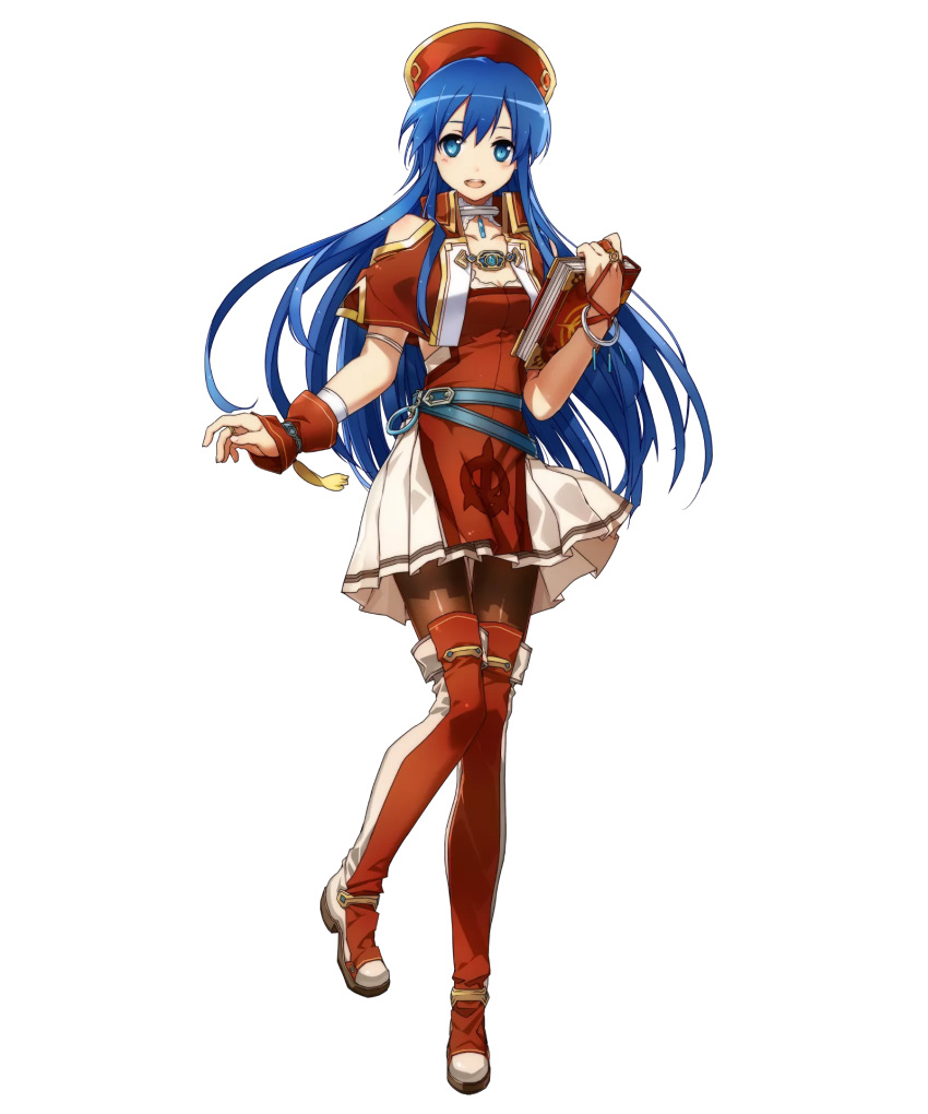 1girl belt blue_eyes blue_hair book boots bracelet bunbun capelet detached_collar dress fire_emblem fire_emblem:_fuuin_no_tsurugi fire_emblem_heroes full_body gloves hat highres holding holding_book jewelry lilina long_hair looking_at_viewer official_art open_mouth pantyhose pleated_skirt short_sleeves skirt smile solo standing thigh-highs thigh_boots transparent_background