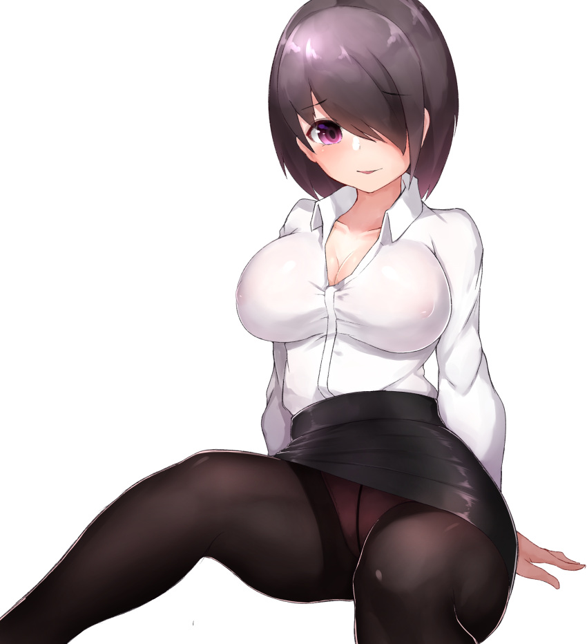 1girl absurdres arms_at_sides black_skirt boruhis breasts brown_legwear cleavage collarbone collared_shirt crotch_seam dress_shirt erect_nipples eyebrows_visible_through_hair hair_over_one_eye highres large_breasts legs_apart long_sleeves miniskirt office_lady open_mouth original panties panties_under_pantyhose pantyhose pantyshot pantyshot_(sitting) pencil_skirt purple_hair shirt short_hair simple_background sitting skirt smile solo underwear white_background white_shirt