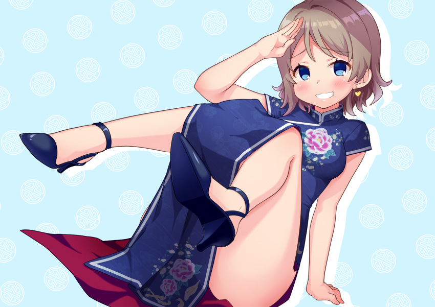 1girl arm_support bare_legs blue_dress blue_eyes blush breasts china_dress chinese_clothes dress dutch_angle earrings floral_print grin heart heart_earrings high_heels highres jewelry light_brown_hair love_live! love_live!_sunshine!! medium_breasts robin16 salute short_hair short_sleeves side_slit sitting smile solo turtleneck watanabe_you