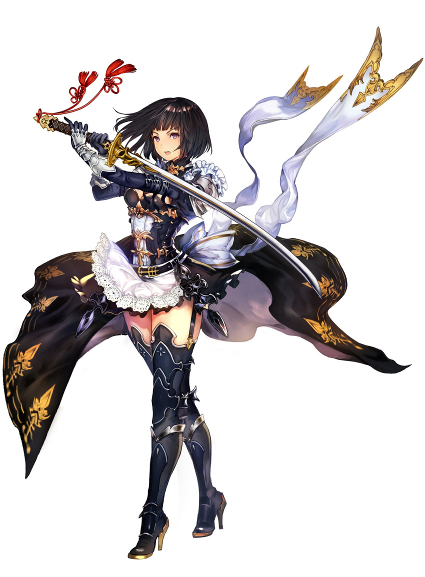 1girl apron arm_guards armor bangs black_hair black_legwear erika_(shadowverse) full_body gloves highres holding holding_weapon looking_at_viewer maid_apron official_art open_mouth overskirt pauldrons shadowverse short_hair simple_background skirt solo sword thigh-highs violet_eyes weapon white_background