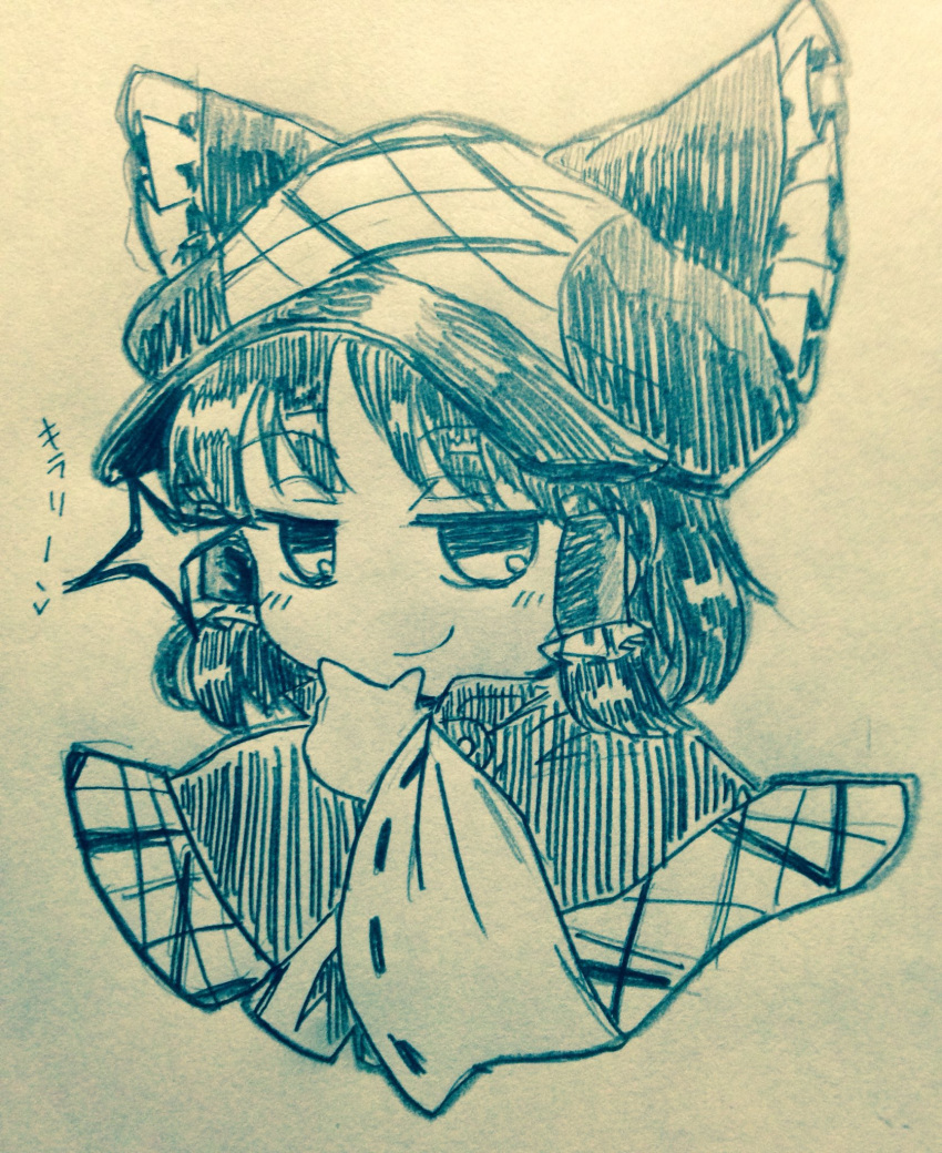 1girl bangs blush bow capelet closed_mouth commentary_request deerstalker efukei eyebrows_visible_through_hair hair_bow hair_tubes hakurei_reimu hand_on_own_chin hat highres long_sleeves looking_at_viewer monochrome portrait ribbon-trimmed_sleeves ribbon_trim smile smirk smug solo sparkle touhou traditional_media wide_sleeves