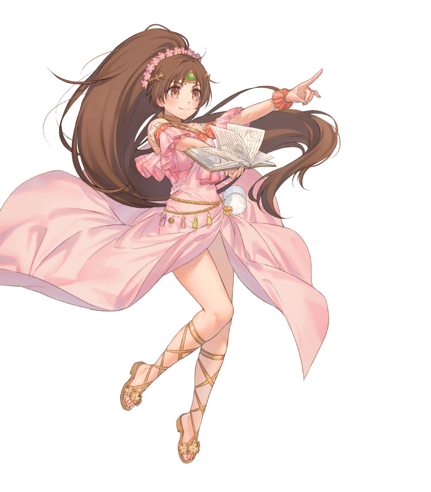 1girl bangs bare_shoulders book brown_eyes brown_hair circlet dress eyebrows_visible_through_hair feet fire_emblem fire_emblem:_mystery_of_the_emblem fire_emblem_heroes flower full_body hair_flower hair_ornament highres holding jewelry linda_(fire_emblem) long_hair looking_away official_art ponytail sandals smile solo toes transparent_background