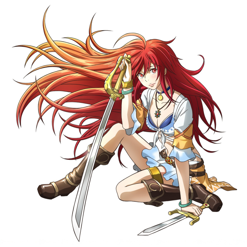 1girl blue_bra boots bra bracelet breasts cleavage collarbone floating_hair highres holding holding_sword holding_weapon jewelry long_hair looking_at_viewer medium_breasts midriff necklace red_eyes redhead saber_(weapon) shirt simple_background solo sword tenkyou_no_alderamin thigh_strap tied_shirt underwear very_long_hair weapon white_background yatorishino_xam