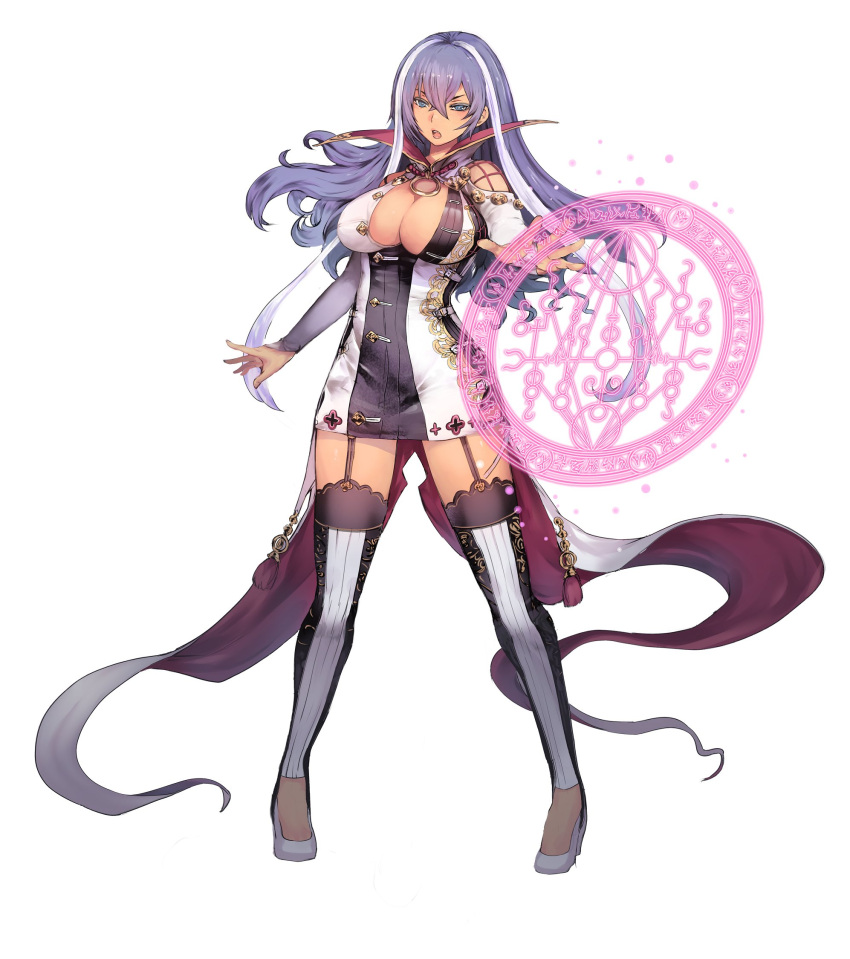 1girl bare_shoulders breasts cleavage dark_skin dress full_body garter_straps highres isabelle_(shadowverse) large_breasts long_hair looking_at_viewer magic multicolored_hair official_art open_mouth purple_hair shadowverse short_dress simple_background solo standing thigh_gap thighs white_background white_hair