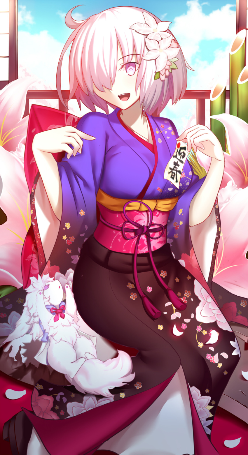 1girl :d absurdres ahoge alternate_costume bamboo breasts fate/grand_order fate_(series) flower fou_(fate/grand_order) hair_flower hair_ornament hair_over_one_eye hatsumoude highres japanese_clothes kimono medium_breasts nengajou new_year obi open_mouth paperfinger pink_eyes pink_hair sash shielder_(fate/grand_order) smile solo translated type-moon wide_sleeves