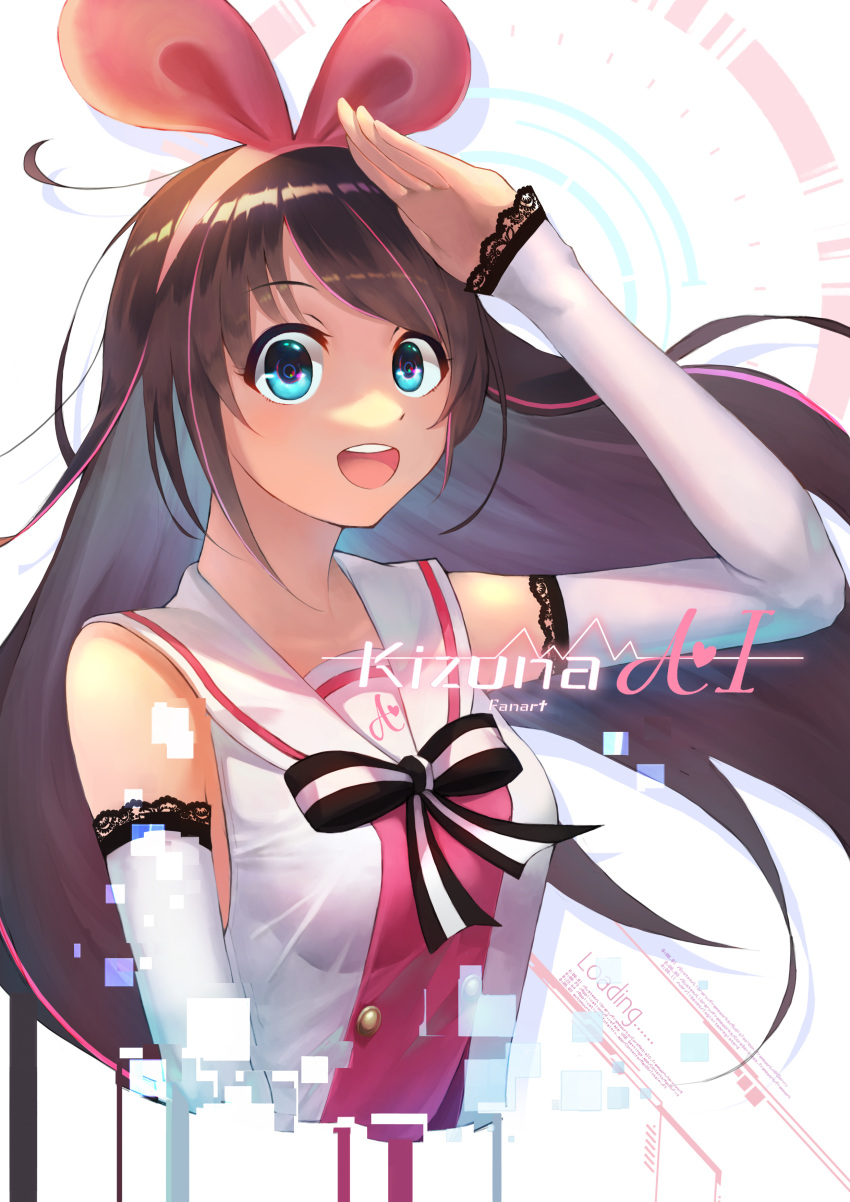 1girl a.i._channel absurdres arm_up arm_warmers blue_eyes blush bow brown_hair character_name eyebrows_visible_through_hair floating_hair hair_bow hairband hand_up highres k@gur@ kizuna_ai long_hair looking_at_viewer multicolored_hair open_mouth pink_bow pink_hair sailor_collar salute smile solo streaked_hair teeth upper_body