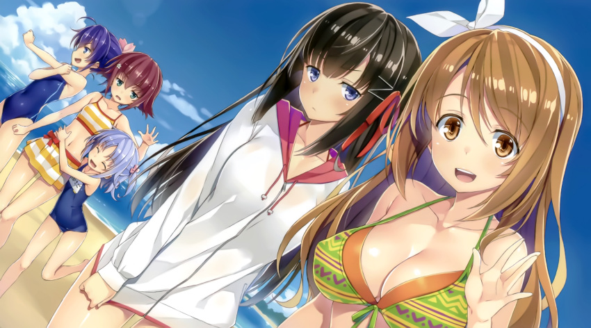 5girls :d ^_^ ahoge beach bikini bikini_skirt black_hair blue_eyes blue_hair blush breasts brown_eyes closed_eyes covered_navel eyebrows_visible_through_hair flower front-tie_bikini front-tie_top hair_flower hair_ornament hair_ribbon hairband hairclip highres hood hooded_jacket ideologue! jacket large_breasts light_blue_hair long_hair looking_at_viewer medium_breasts multiple_girls one-piece_swimsuit one_side_up open_mouth outdoors outstretched_hand redhead ribbon scan school_swimsuit shirt_tug short_hair small_breasts smile striped striped_bikini swimsuit yuuki_hagure