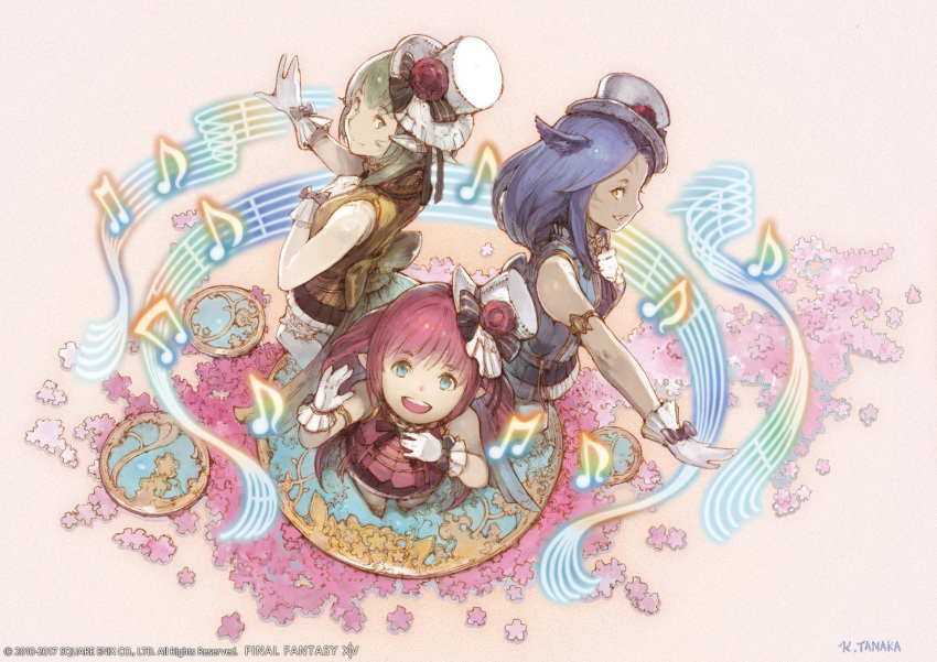 3girls animal_ears armlet au_ra blue_hair cat_ears facial_mark final_fantasy final_fantasy_xiv from_above gloves green_eyes green_hair hat highres idol lalafell long_hair looking_at_viewer looking_up mini_hat mini_top_hat miqo'te multiple_girls official_art redhead short_hair thigh-highs top_hat yellow_eyes