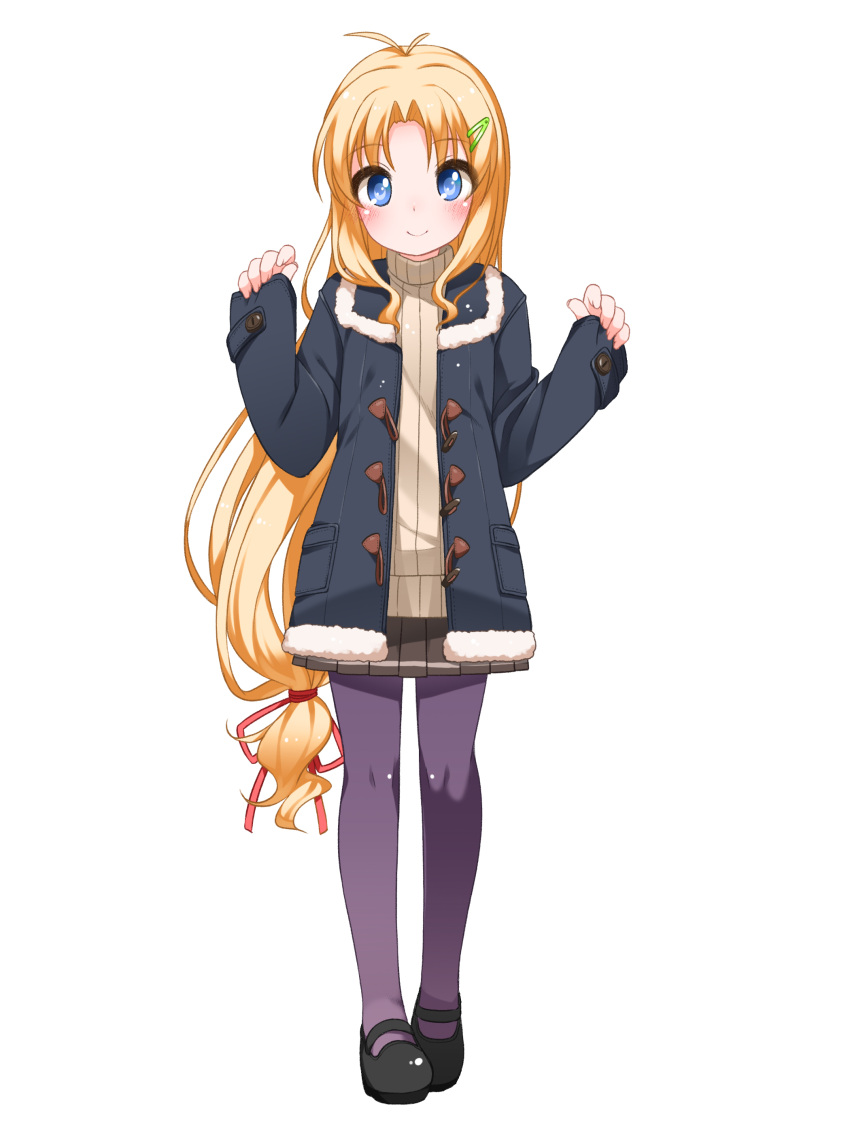 1girl absurdres ahoge bangs blonde_hair blue_eyes blush coat commentary_request fur_trim grey_legwear hair_ornament hairclip highres kashiwagi_hatsune kizuato long_hair long_sleeves looking_at_viewer low-tied_long_hair mary_janes pantyhose pleated_skirt shoes shouji_ayumu simple_background skirt sleeves_past_wrists smile solo sweater turtleneck turtleneck_sweater white_background