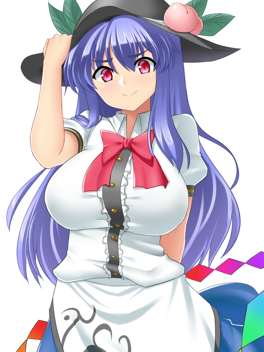 &gt;:) 1girl alternate_breast_size bangs black_hat blue_hair blue_skirt blush bow bowtie breasts closed_mouth cowboy_shot dress_shirt food fruit hat highres hinanawi_tenshi large_breasts leaf looking_at_viewer mokkori9 peach puffy_short_sleeves puffy_sleeves rainbow_order red_bow red_bowtie red_eyes shirt short_sleeves sidelocks skirt smile solo touhou white_shirt