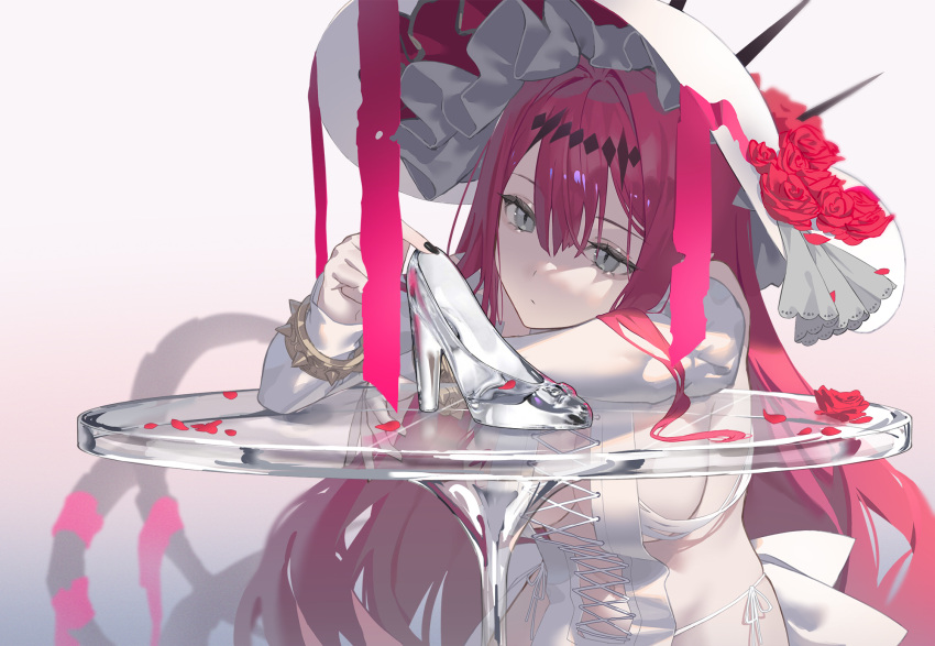 1girl bangs bare_shoulders bracelet breasts cross-laced_clothes detached_sleeves dress duplicate fairy_knight_tristan_(fate) fate/grand_order fate_(series) flower glass_slipper grey_eyes hairband highres jewelry large_breasts large_hat long_hair looking_at_viewer panties pink_hair pixel-perfect_duplicate pointy_ears revealing_clothes rose seon_(seonon_) short_dress sidelocks sitting table thighs underwear white_dress white_headwear white_panties