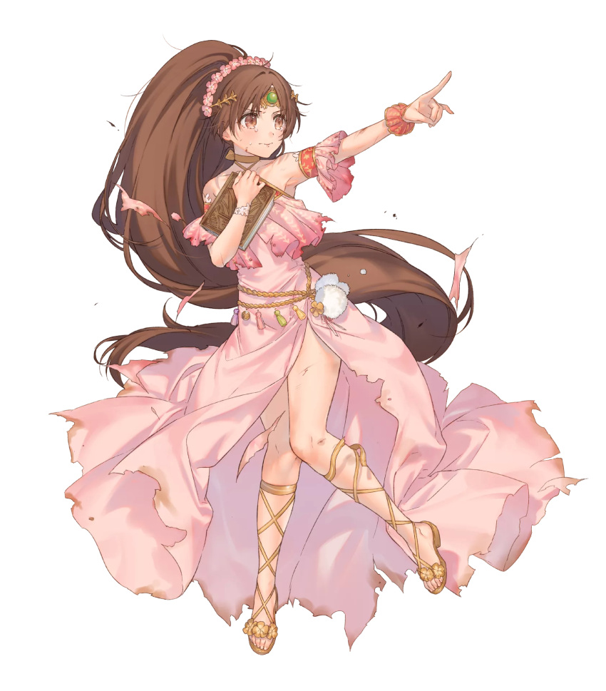 1girl bangs bare_shoulders book brown_eyes brown_hair circlet dress eyebrows_visible_through_hair feet fire_emblem fire_emblem:_mystery_of_the_emblem fire_emblem_heroes flower full_body hair_flower hair_ornament highres holding jewelry linda_(fire_emblem) long_hair looking_away official_art ponytail sandals scratches solo tears toes torn_clothes transparent_background very_long_hair