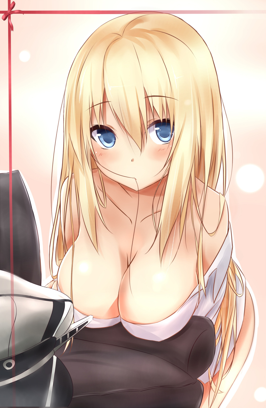 1girl absurdres bangs bare_shoulders bismarck_(kantai_collection) blonde_hair blue_eyes breast_rest breasts chair collarbone commentary_request dress eyebrows_visible_through_hair hair_between_eyes hair_in_mouth hat hat_removed headwear_removed highres kantai_collection large_breasts long_hair looking_at_viewer mouth_hold naked_shirt off_shoulder revision saku_(kudrove) shirt solo