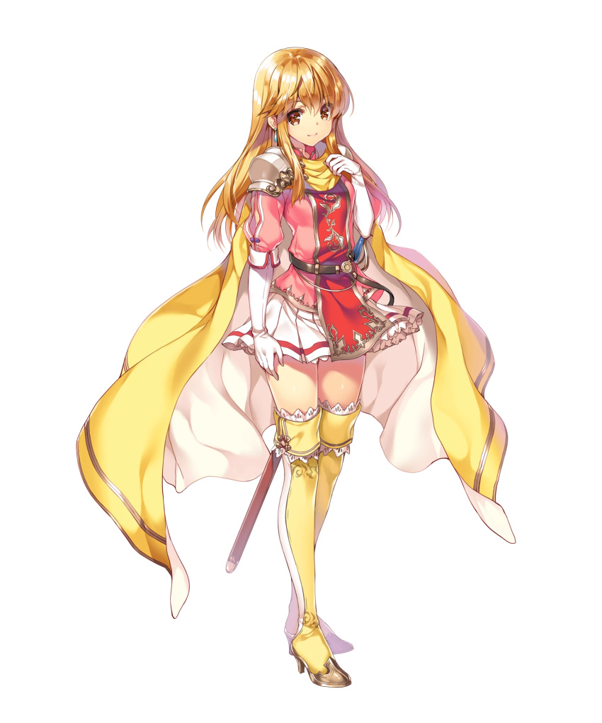 1girl belt blonde_hair brown_eyes cape closed_mouth earrings elbow_gloves female fire_emblem fire_emblem:_seisen_no_keifu fire_emblem_heroes full_body gloves hand_on_own_chest highres holding jewelry lachesis_(fire_emblem) long_hair miniskirt official_art pleated_skirt shoulder_pads simple_background skirt smile solo standing sword thigh-highs transparent_background weapon white_gloves zettai_ryouiki