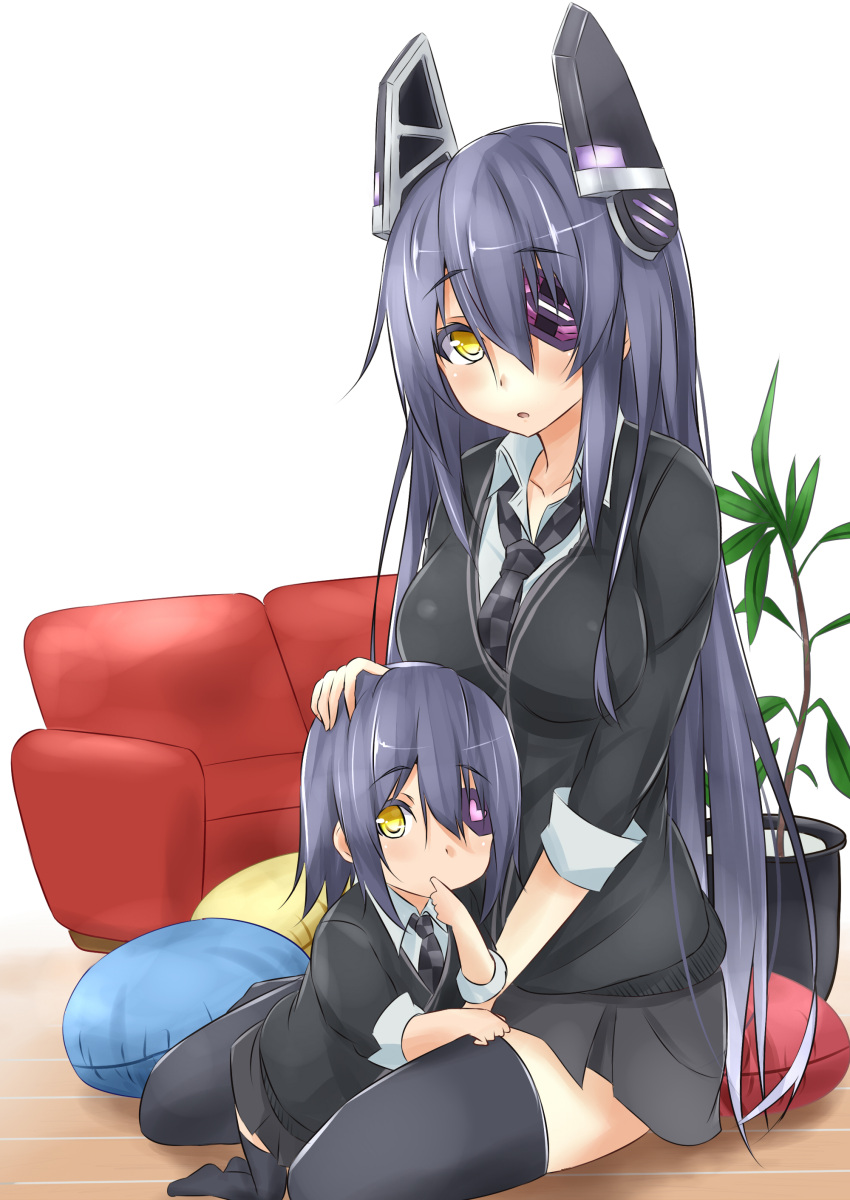 2girls absurdres alternate_hair_length alternate_hairstyle black_legwear blue_hair checkered checkered_necktie dress_shirt eyepatch hair_ornament hand_on_another's_head heart highres if_they_mated kantai_collection long_hair looking_at_viewer mother_and_daughter multiple_girls necktie open_mouth resized revision saku_(kudrove) shirt short_hair sitting smile tenryuu_(kantai_collection) thigh-highs yellow_eyes younger