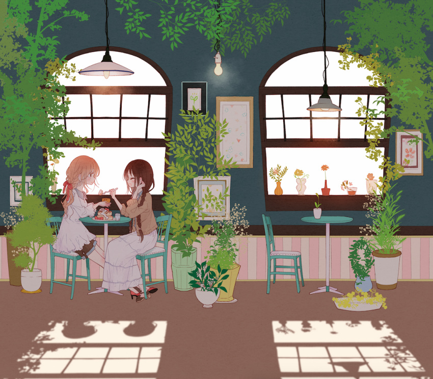 2girls blush braid brown_hair ceiling_light chair cup dress flower flower_pot fork futaribeya hair_ribbon kawawa_sakurako light_brown_hair light_bulb long_hair multiple_girls painting_(object) plant potted_plant red_ribbon ribbon shadow shorts_under_skirt sweets table twin_braids vase window yamabuki_kasumi yukinokoe