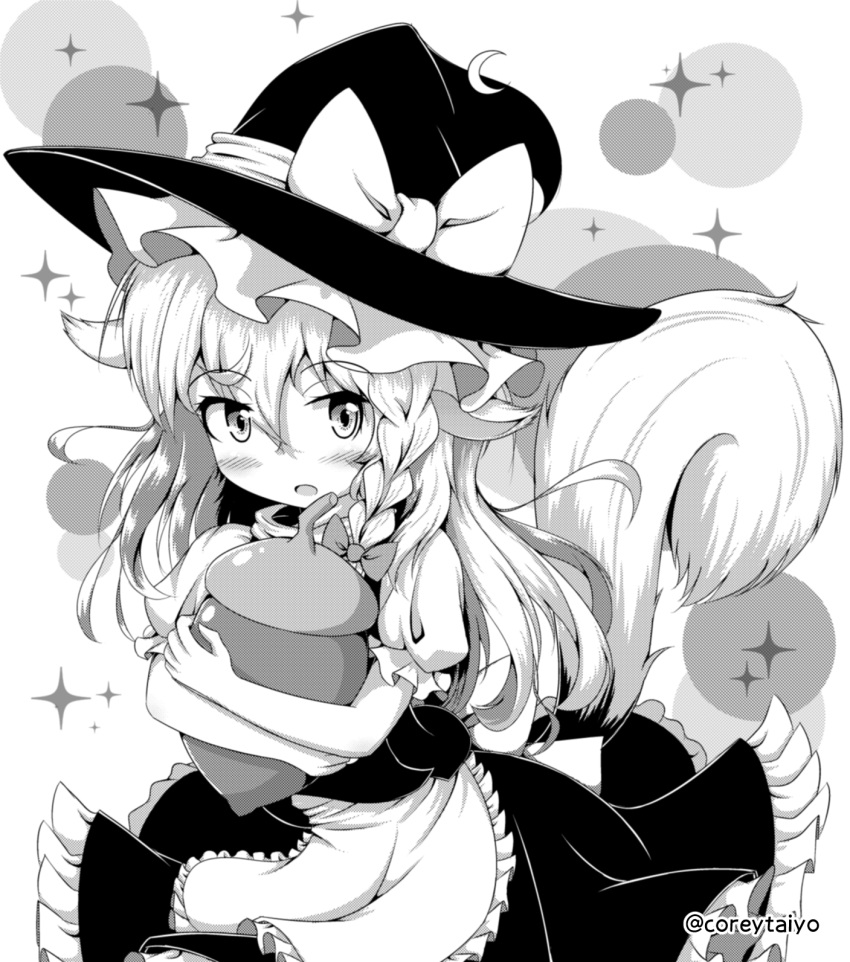 1girl :o acorn animal_ears apron blush commentary coreytaiyo crescent crescent_hair_ornament dress greyscale hair_ornament hat highres kemonomimi_mode kirisame_marisa long_hair looking_at_viewer monochrome object_hug puffy_short_sleeves puffy_sleeves short_sleeves solo sparkle squirrel_ears squirrel_tail tail touhou turtleneck twitter_username waist_apron witch_hat