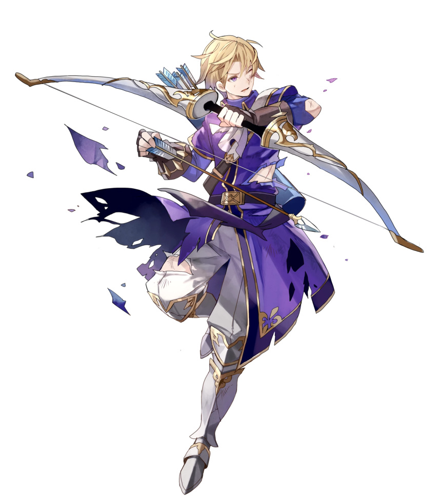 1boy arrow blonde_hair boots bow_(weapon) fingerless_gloves fire_emblem fire_emblem:_fuuin_no_tsurugi fire_emblem_heroes full_body gloves highres injury klein_(fire_emblem) male_focus official_art one_eye_closed quiver solo torn_clothes transparent_background violet_eyes weapon