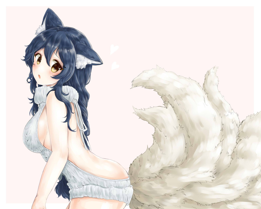 1girl :o ahri animal_ears back backless_outfit bangs bare_back bare_shoulders black_hair blush breasts cowboy_shot dress eyebrows_visible_through_hair facial_mark fox_ears fox_tail from_side furan_(marina6123) grey_dress grey_sweater hair_between_eyes halterneck heart highres large_breasts league_of_legends long_hair looking_at_viewer meme_attire multiple_tails naked_sweater no_bra no_panties no_underwear open-back_dress open_mouth patreon ribbed_sweater sideboob simple_background sleeveless sleeveless_turtleneck solo standing sweater sweater_dress tail turtleneck turtleneck_sweater very_long_hair virgin_killer_sweater yellow_eyes