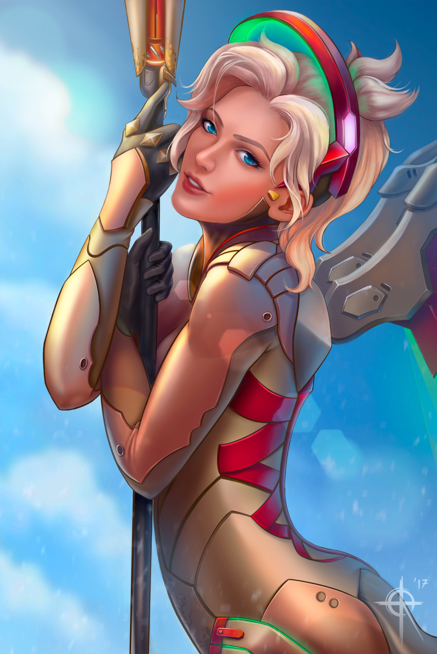 1girl absurdres alternate_costume blonde_hair blue_eyes blue_sky bodysuit breasts clouds from_side golden_mercy high_ponytail highres holding holding_staff lens_flare looking_at_viewer looking_to_the_side mechanical_halo mechanical_wings mercy_(overwatch) outdoors overwatch parted_lips sky smile solo staff talsa-aka-ritsyka upper_body watermark wings