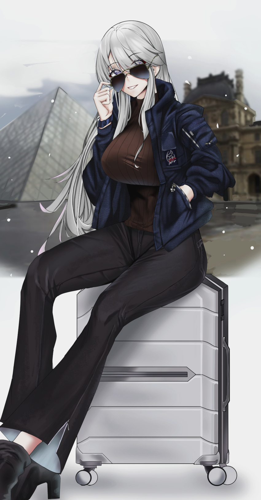 1girl absurdres ankle_boots azur_lane boots denim eagle_union_(emblem) enterprise_(azur_lane) enterprise_(bon_voyage)_(azur_lane) grey_hair highres jeans long_hair louvre_pyramid official_alternate_costume pants suitcase sunglasses zhemuxuanhua