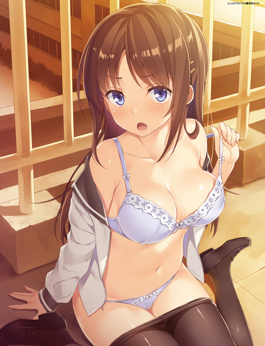 &gt;:o 1girl :o absurdres artist_name black_legwear blue_bra blue_eyes blue_panties bow bow_bra bow_panties bra breasts brown_hair cleavage collarbone dengeki_moeou eyebrows_visible_through_hair hair_ornament hairclip highres lace lace-trimmed_bra lace-trimmed_panties loafers long_hair looking_at_viewer navel no_pants open_clothes open_mouth open_shirt outdoors panties pantyhose pantyhose_pull shirt shoes sitting sleeves_past_wrists solo strap_slip underwear undressing wariza yuuki_hagure