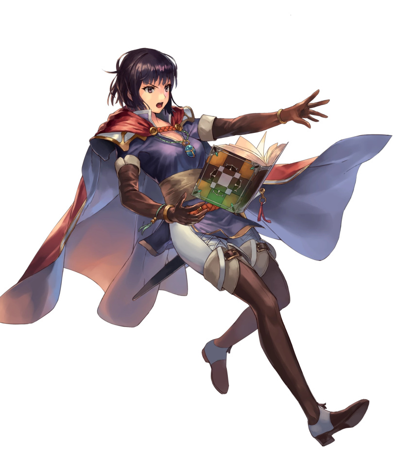 1girl belt book brown_hair cape elbow_gloves fire_emblem fire_emblem:_thracia_776 fire_emblem_heroes full_body gloves highres holding holding_book jewelry necklace official_art olwen_(fire_emblem) pant short_hair solo sword thigh-highs transparent_background violet_eyes weapon