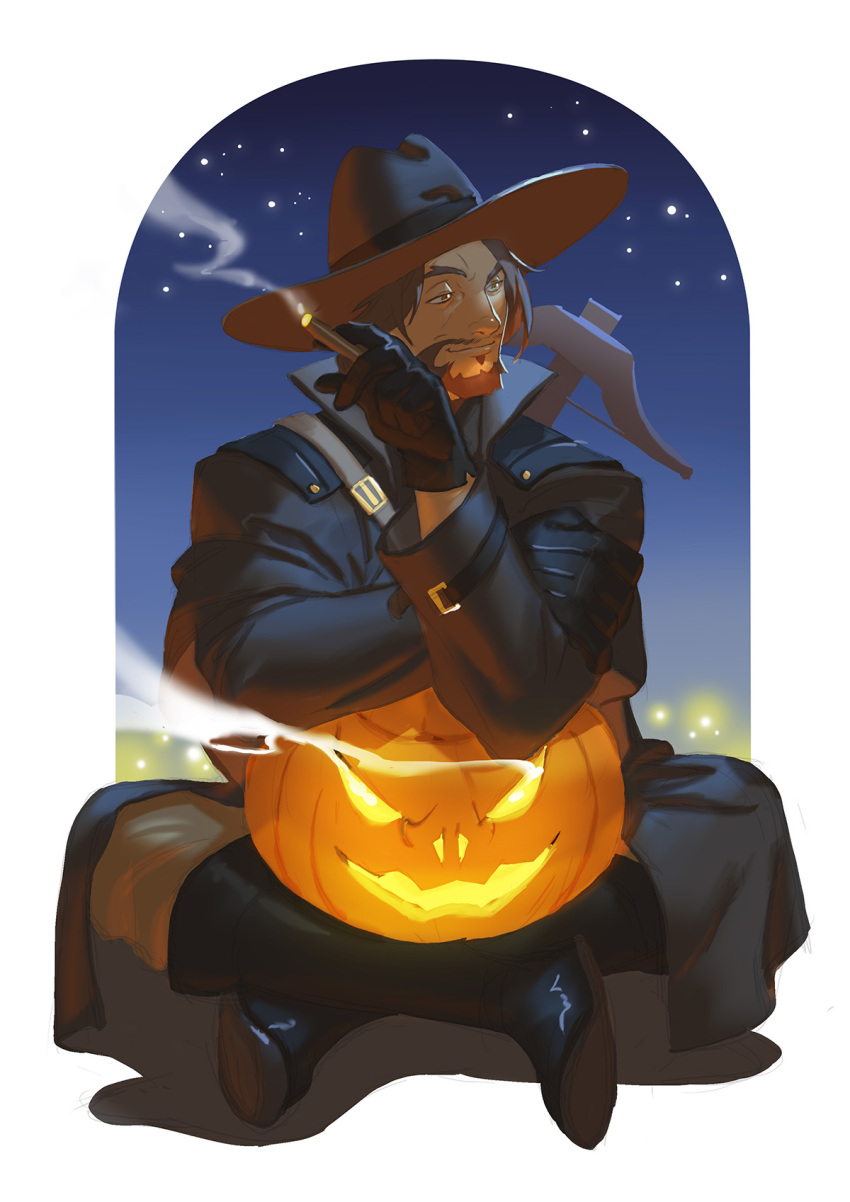 1boy beard bow_(weapon) brown_eyes brown_hair cigar cowboy_hat crossbow facial_hair halloween hat highres indian_style jack-o'-lantern male_focus mccree_(overwatch) night night_sky overwatch sgyqanna sitting sky smoke solo star_(sky) starry_sky weapon