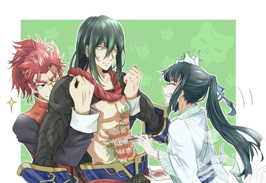 1girl 2boys :d ? artist_request assassin_(fate/extra) black_nails body_writing chinese_clothes closed_eyes commentary_request fate/extra fate/grand_order fate_(series) flower green_eyes green_hair hair_flower hair_ornament hanfu highres jing_ke_(fate/grand_order) li_shuwen_(fate/grand_order) long_hair multiple_boys muscle nail_polish one_eye_closed open_mouth parted_lips ponytail redhead restrained smile sweatdrop yan_qing_(fate/grand_order)