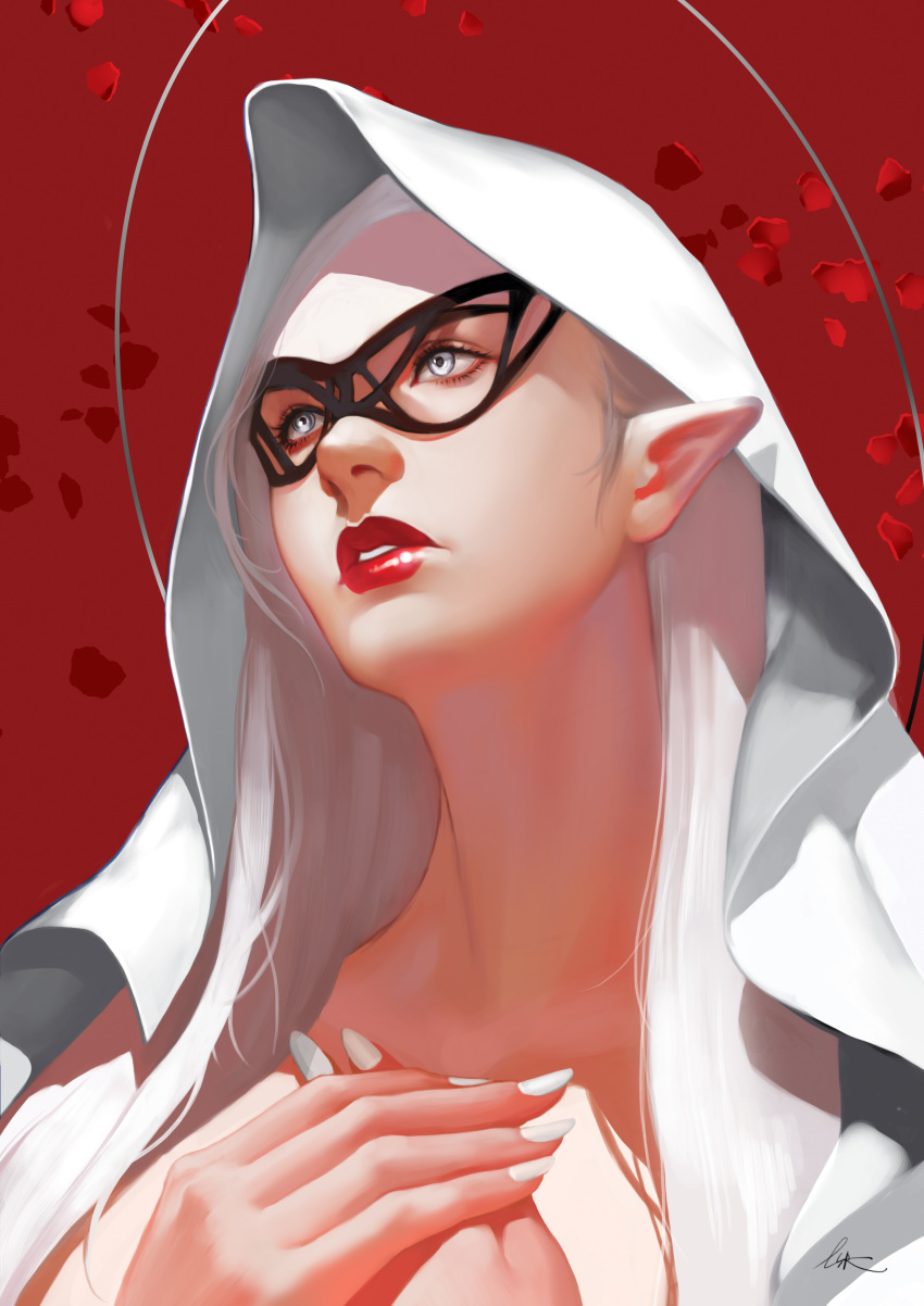 1girl absurdres cloak fingernails glasses grey_eyes hands_on_own_chest highres light lipstick long_fingernails long_hair looking_up lsr makeup nail_polish neck original pointy_ears red_background red_lipstick solo upper_body white_hair white_nails