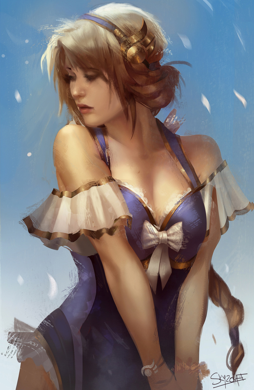 1girl absurdres artist_name blonde_hair blue_background braid breasts cleavage collarbone commentary gradient gradient_background hair_ornament hairband highres league_of_legends long_hair looking_away looking_to_the_side luxanna_crownguard marie_magny medium_breasts one-piece_swimsuit own_hands_together parted_lips realistic signature solo swimsuit very_long_hair