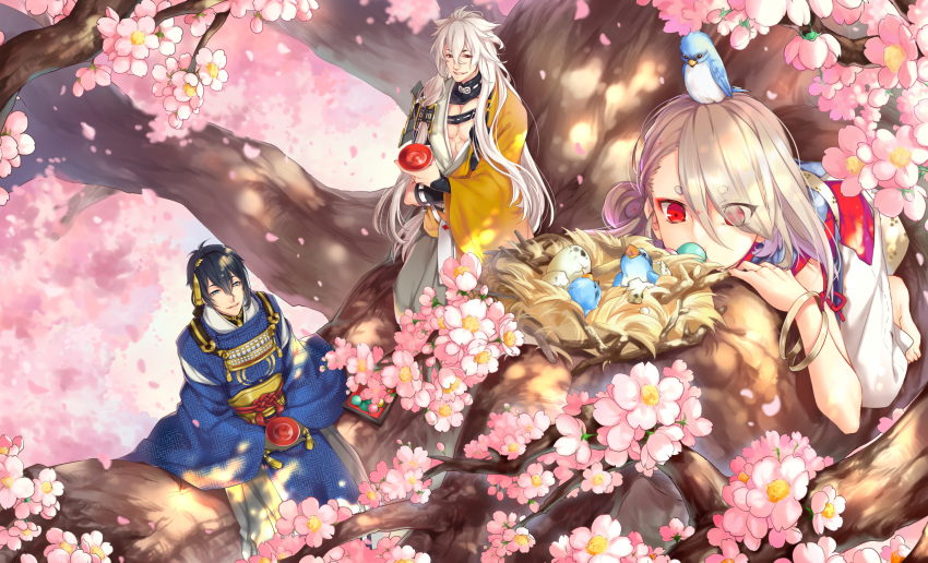 3boys animal animal_on_head armor bird bird_on_head black_hair blue_eyes cherry_blossoms cup dango egg eyes_visible_through_hair food hair_over_one_eye highres ima-no-tsurugi in_tree japanese_armor japanese_clothes kingchenxi kogitsunemaru lying male_focus mikazuki_munechika multiple_boys nest on_head on_stomach petals red_eyes sakazuki sanshoku_dango sayagata sitting smile sode touken_ranbu tree wagashi white_hair