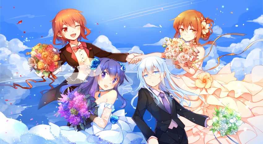 4girls akatsuki_(kantai_collection) alternate_costume bare_shoulders blue_eyes blue_hair bouquet bow bowtie brown_eyes brown_hair choker clouds dress elbow_gloves fang flower folded_ponytail gloves hair_flower hair_ornament hairclip hand_holding hibiki_(kantai_collection) highres ikazuchi_(kantai_collection) inazuma_(kantai_collection) kantai_collection lace lace_gloves looking_at_viewer multiple_girls necktie one_eye_closed open_mouth parted_lips plaid plaid_necktie purple_hair ribbon rose sky tuxedo violet_eyes wedding_dress yetworldview_kaze