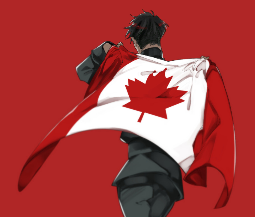 1boy black_hair canadian_flag con_potata flag from_behind jean-jacques_leroy male_focus red_background walking yuri!!!_on_ice