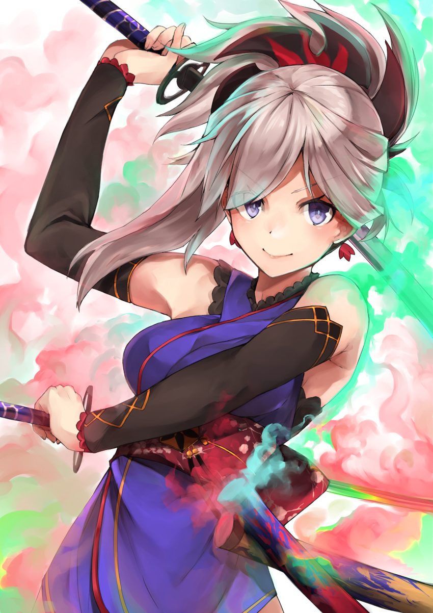 1girl :&gt; absurdres arm_across_waist arm_up armpits asymmetrical_hair bare_shoulders blue_eyes breasts colored_smoke commentary_request detached_sleeves dual_wielding earrings ears eyebrows_visible_through_hair fate/grand_order fate_(series) floral_print hair_ornament highres hilt holding holding_sword holding_weapon japanese_clothes jewelry katana kimono long_hair long_sleeves miyamoto_musashi_(fate/grand_order) multicolored multicolored_background pink_hair sash sheath smoke solo sword thighs unsheathed wachiroku_(masakiegawa86) weapon