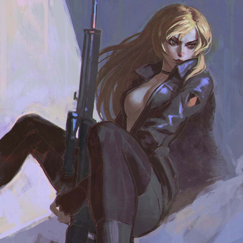 1girl blonde_hair gun ilya_kuvshinov long_hair metal_gear_(series) metal_gear_solid open_clothes realistic rifle sniper_rifle sniper_wolf solo weapon