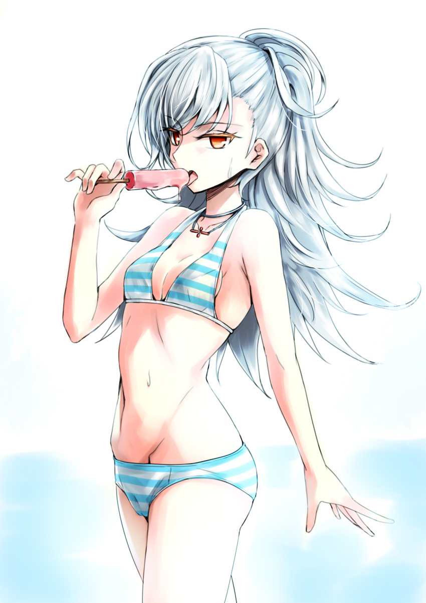 1girl absurdres bangs bikini breasts choker cleavage closers collarbone cowboy_shot food from_side groin highres jewelry karadborg licking long_hair looking_at_viewer looking_to_the_side navel necklace ponytail popsicle red_eyes sideboob silver_hair small_breasts solo stomach striped striped_bikini sweat swimsuit tina_(closers)